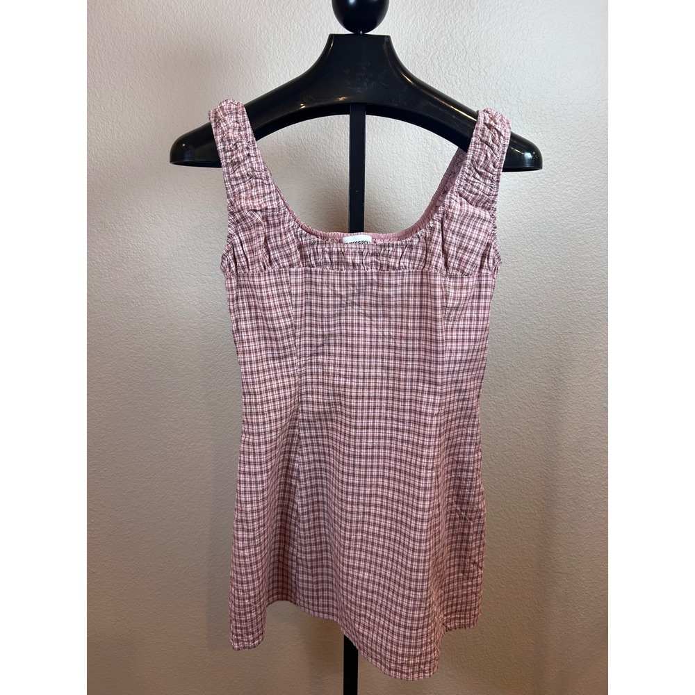 Princess Polly Pink Plaid Cotton Mini Dress Square Neck Ruched PD023845 US 10